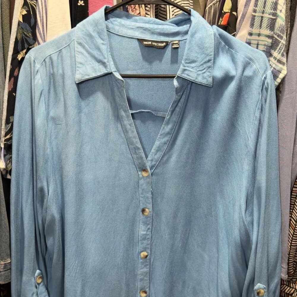 Women's Unique Spectrum Collard Tunic Top Jean Shirt Light Blue Size XL